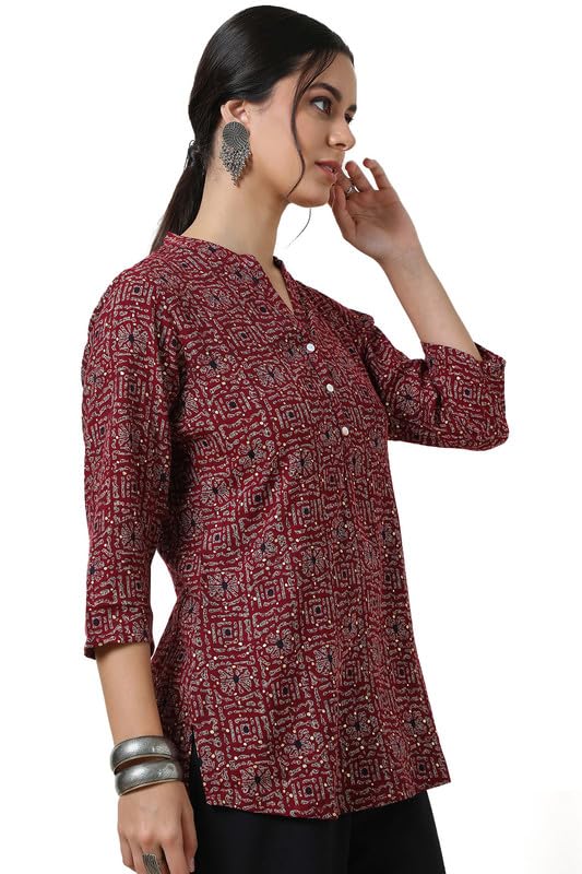 Soch Womens Wine Rayon Slub Abstract Print Tunic with Mandarin Collar