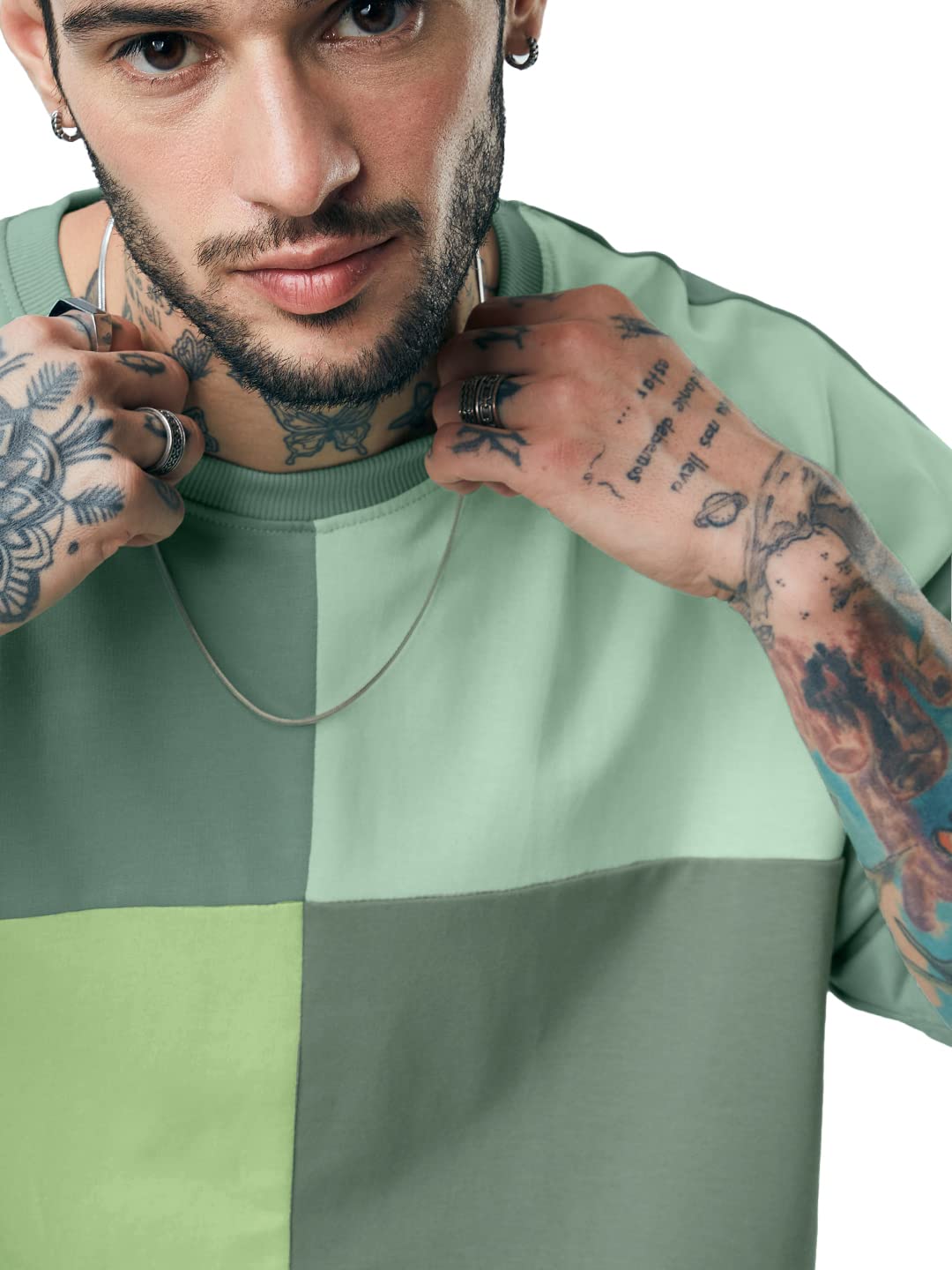 The Souled Store| Solids: Green Colourblock Mens and Boys T-Shirts|Half Sleeve|Oversized fit Solid|100% Cotton Multicolored Men Oversized T-Shirts