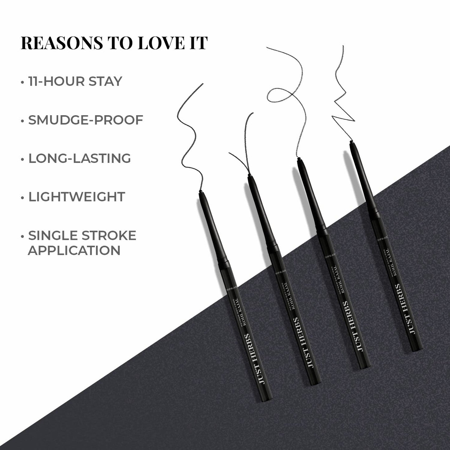 Just Herbs Retractable 2 in 1 Herbal Eyeliner + Kajal with Almond Oil & Vitamin E, 11 Hour Stay, Singlestroke, Smudgeproof & Fadeproof - Black 0.3g
