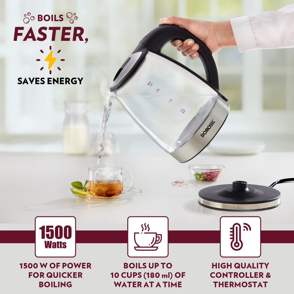 Borosil Electric Glass Kettle, Borosilicate Glass, Extra Long Cord, Dry-Boil Protection, 360° Rotating Base, 1.8 L, Transparent, 1500 Watts