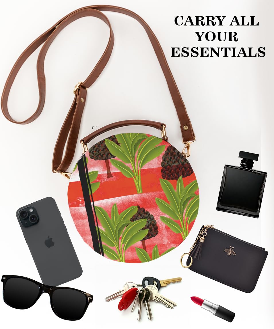 Kalankit Round Sling Bag for Women & Girls | Stylish Vegan Leather Crossbody Purse | Side Bag with Strap | Valentine Gift | Birthday Present | Travel-Friendly | Trees Garden