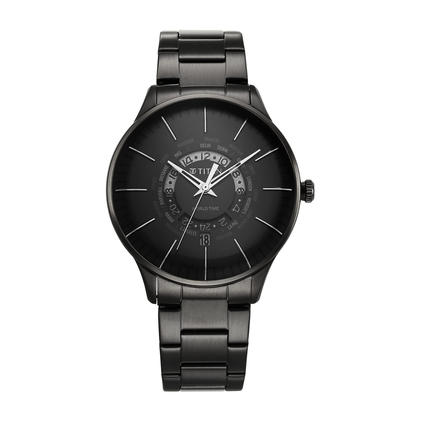 Titan Quartz World Time with Date Black Dial Black Stainless Steel Strap Watch for Men - NT90145NM01