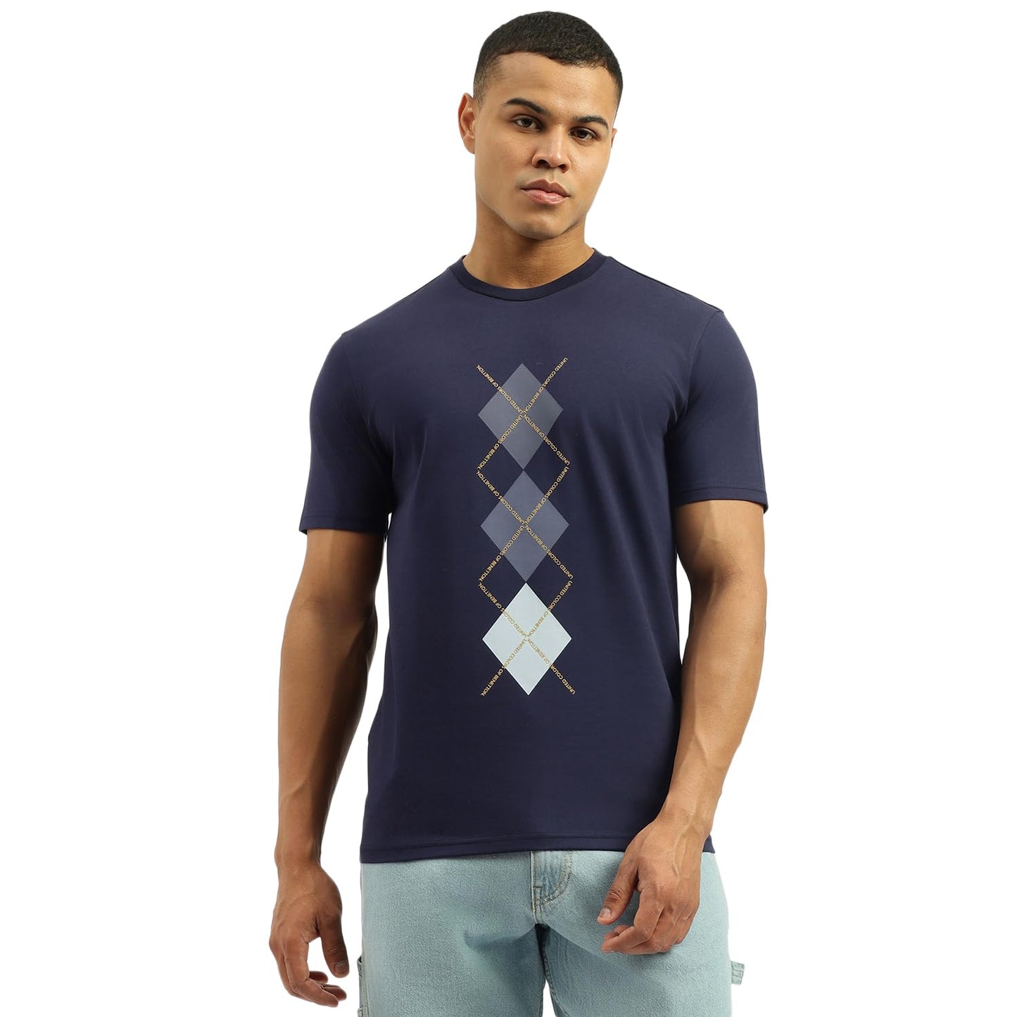 United Colors of Benetton Relaxed Fit Crew Neck Gradation Argyle T-Shirt (Size: 3XL)-25A3E99J3304I252 Blue