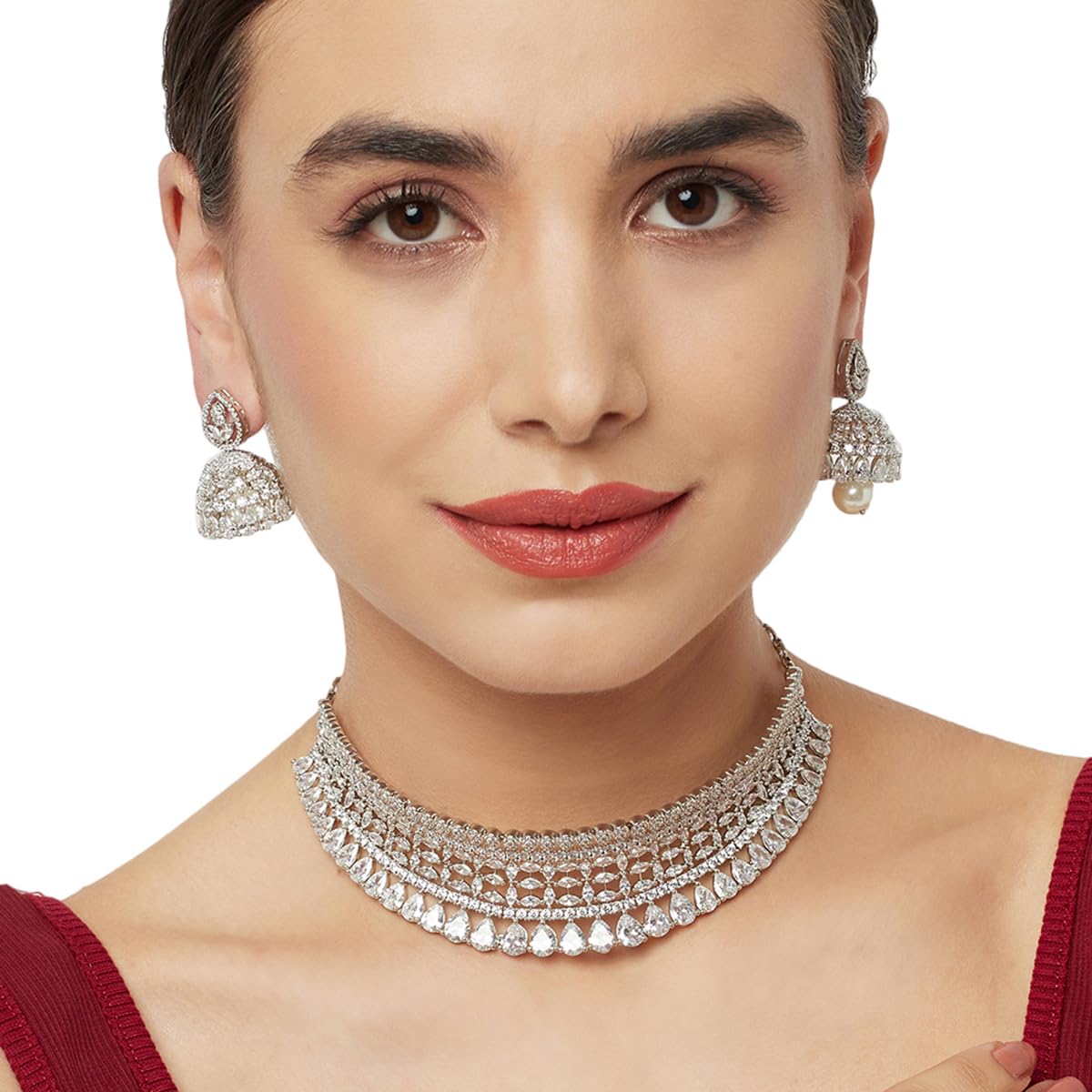 VOYLLA Cz Elegance Silver Plated Shiny Necklace Set For Women|Womens Jewellery Set|Gift For Women|Womens Gift|Gift For Her|