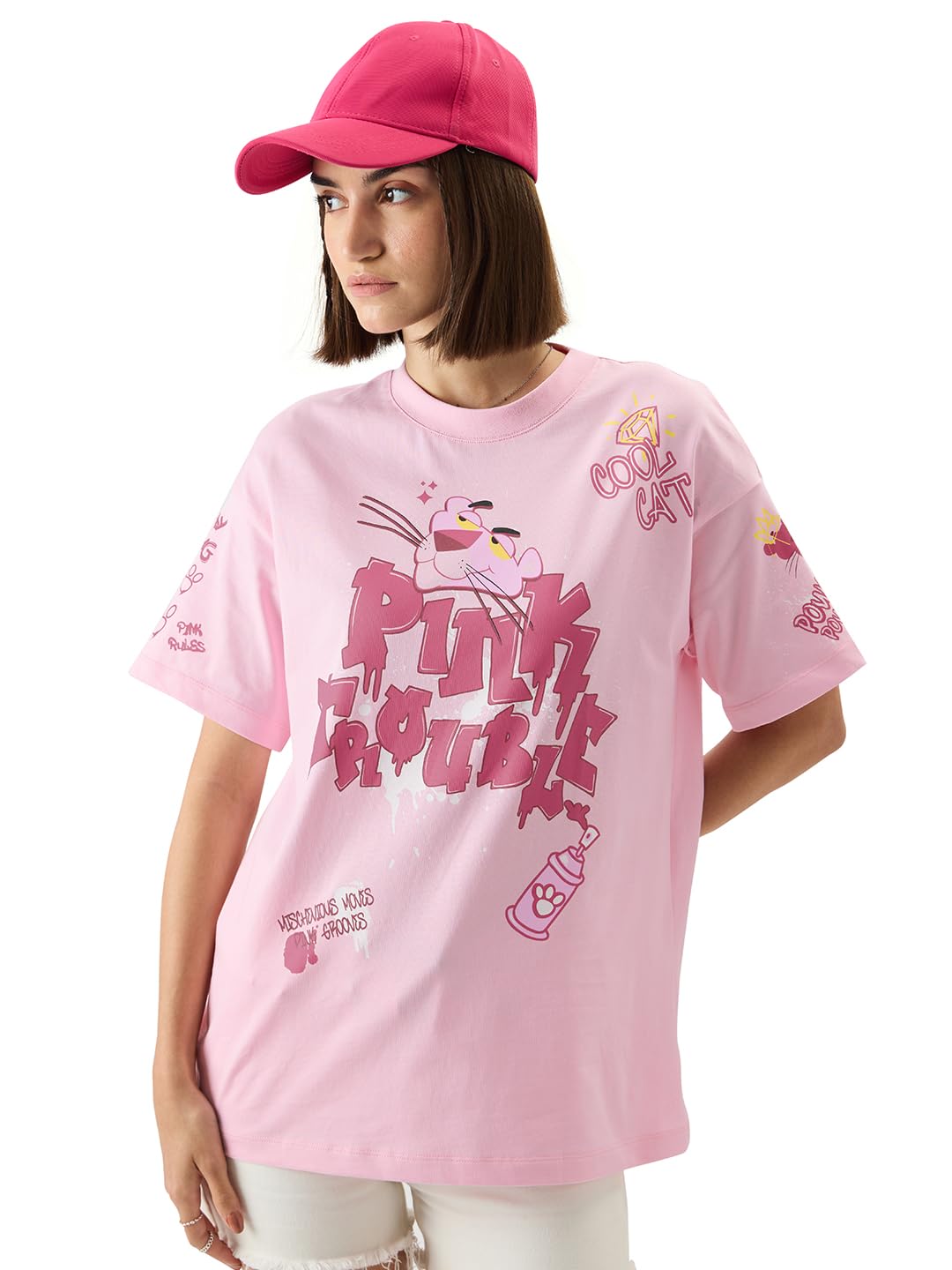 The Souled Store Official Pink Panther: Pink Trouble Women and Girls Short Sleeve Round Neck Pink Graphic Printed Cotton Oversized T-Shirts