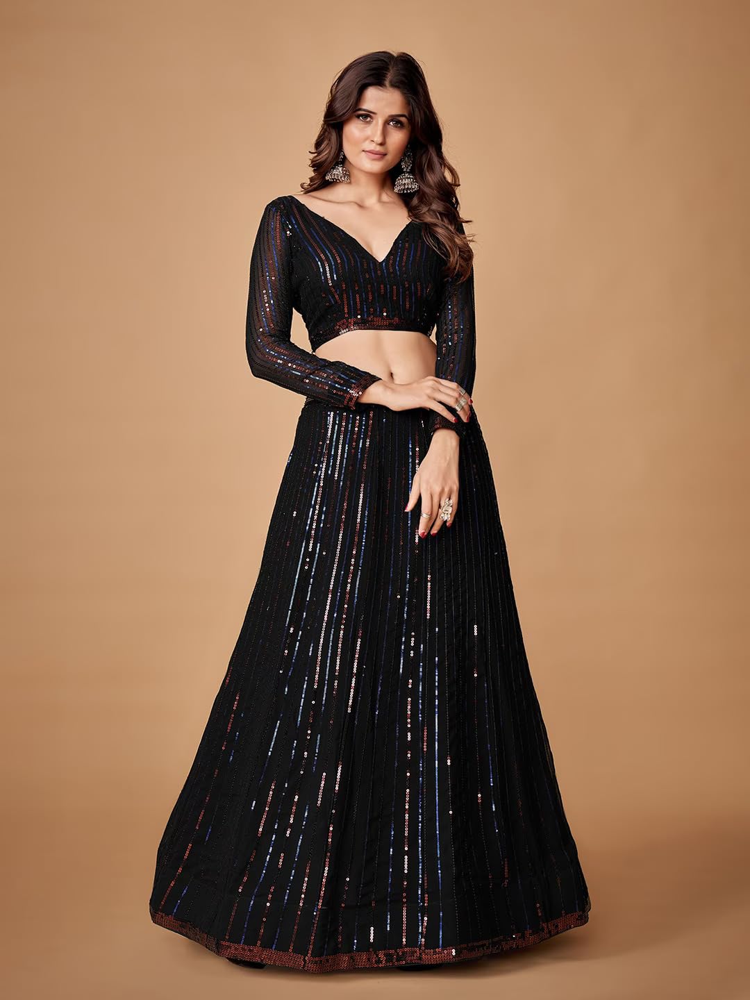 Zeel Clothing Sequins Embroidered Georgette New Semi-Stitched Lehenga Choli For Women (5107-Black-Stylish-Wedding--New; Free Size)