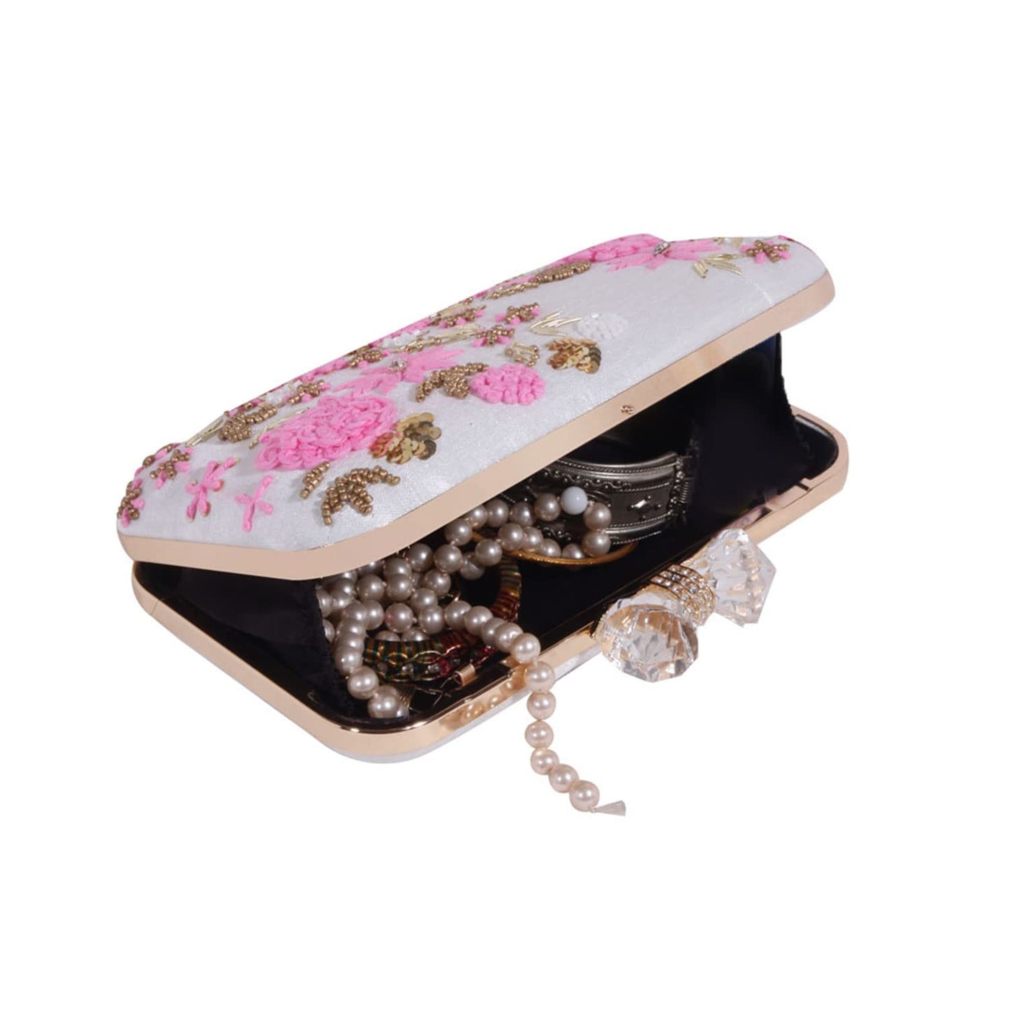 SWISNI White White thread embroidered clutch bag II Women's Traditional Designer Clutch For Women & Girls II EMBROIDERED CLUTCHES