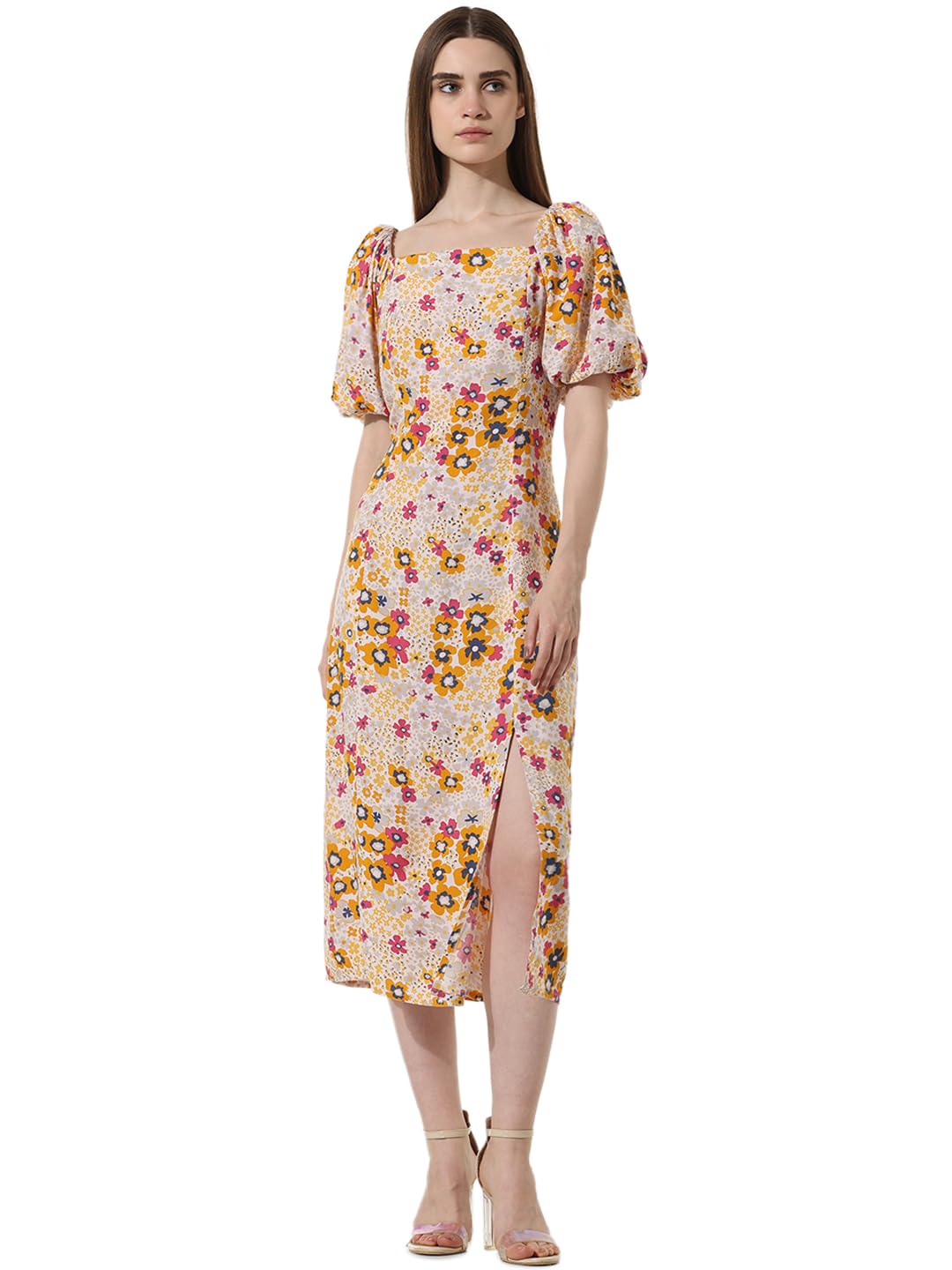 ONLY Women Printed Viscose Yellow Midi Dress