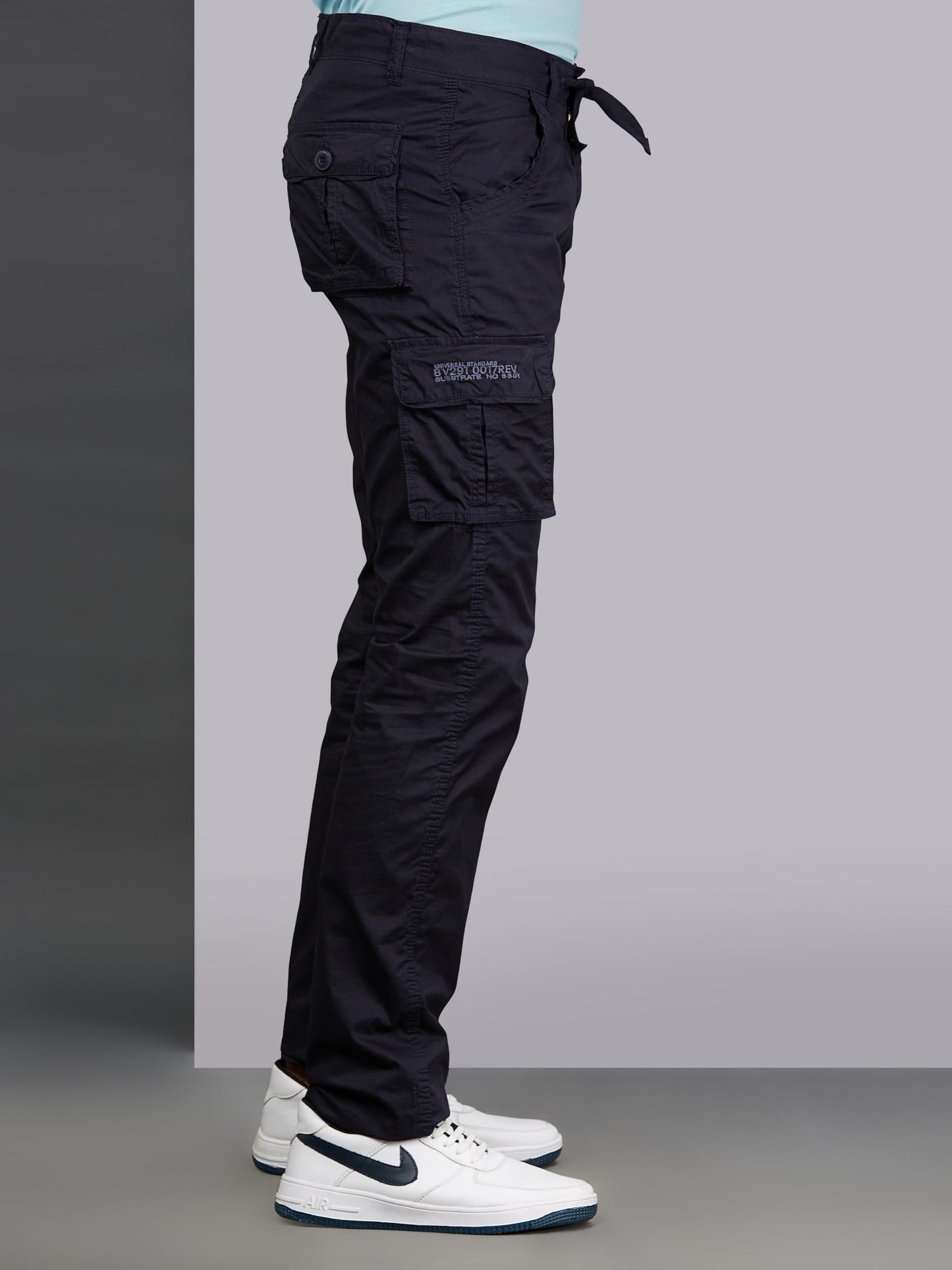 BEEVEE 100% Cotton Solid Navy Fixed Waist Cargo for Mens with Drawstring(FMCR1602NAVY_32)