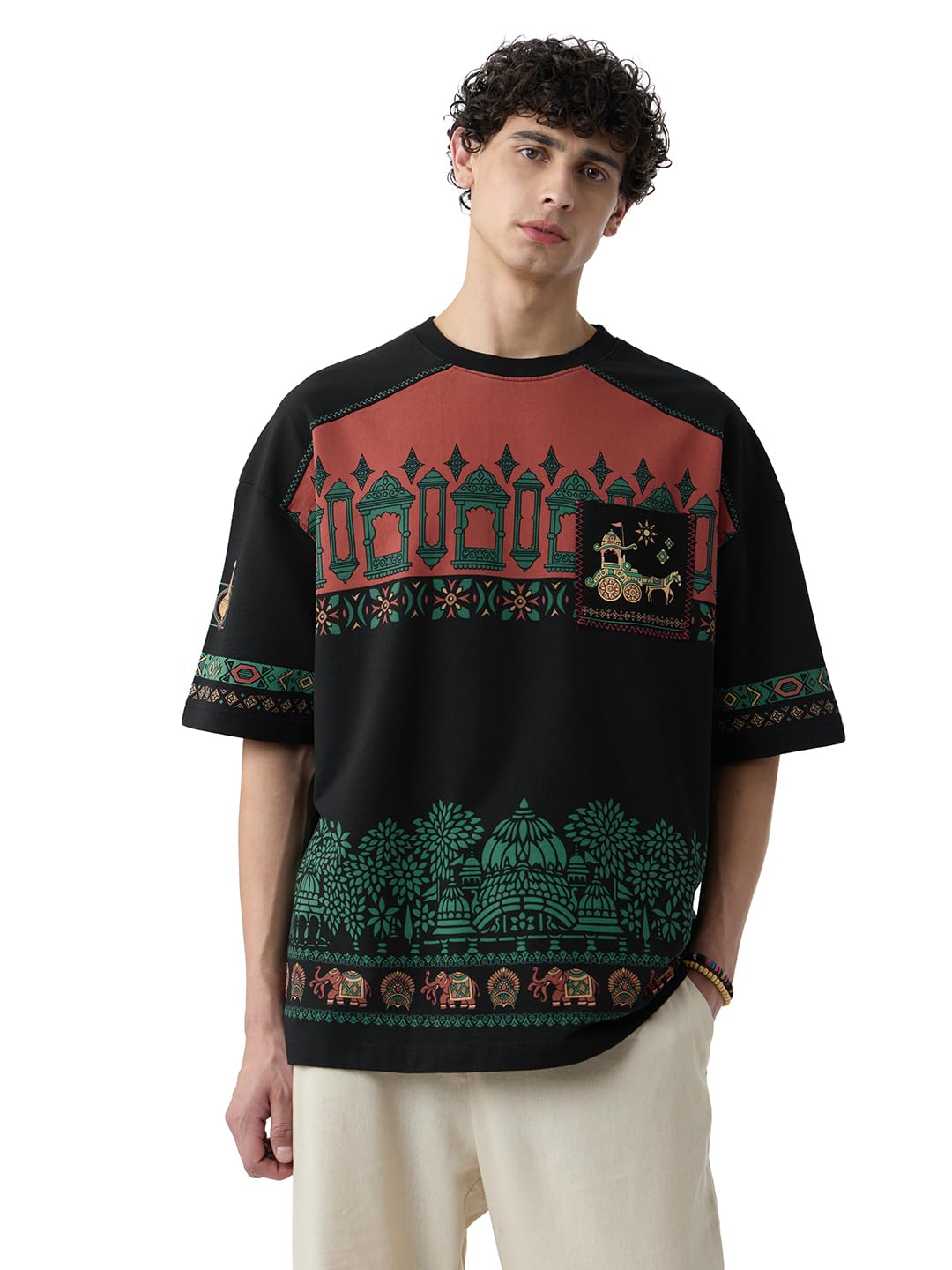 The Souled Store Kurukshetra Men and Boys Short Sleeves Round Neck Black All Over Printed Cotton Super Oversized T-Shirts