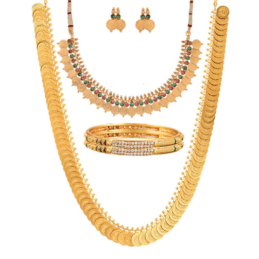 ZENEME Gold Plated and Bangles & Maharani Temple Coin Necklace Set for Women & Girls (Design_01, 2.6 Inches)
