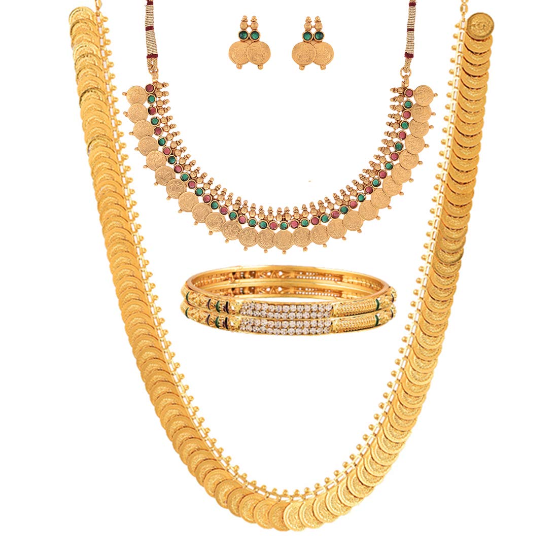 ZENEME Gold Plated and Bangles & Maharani Temple Coin Necklace Set for Women & Girls (Design_01, 2.8 Inches)