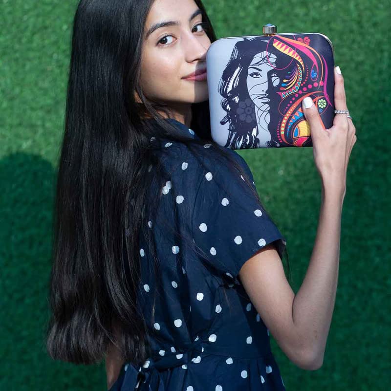 Artklim Color Blocked Girl Face Graphic Clutch