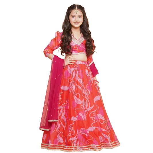 Naixa Girls Red Chanderi V Neck 3/4 Sleeve Floral Printed Choli and Lehenga with Dupatta Set | Latest Floral Designer Printed Lehenga Choli Set for Girls (SE09_11-12 Year)