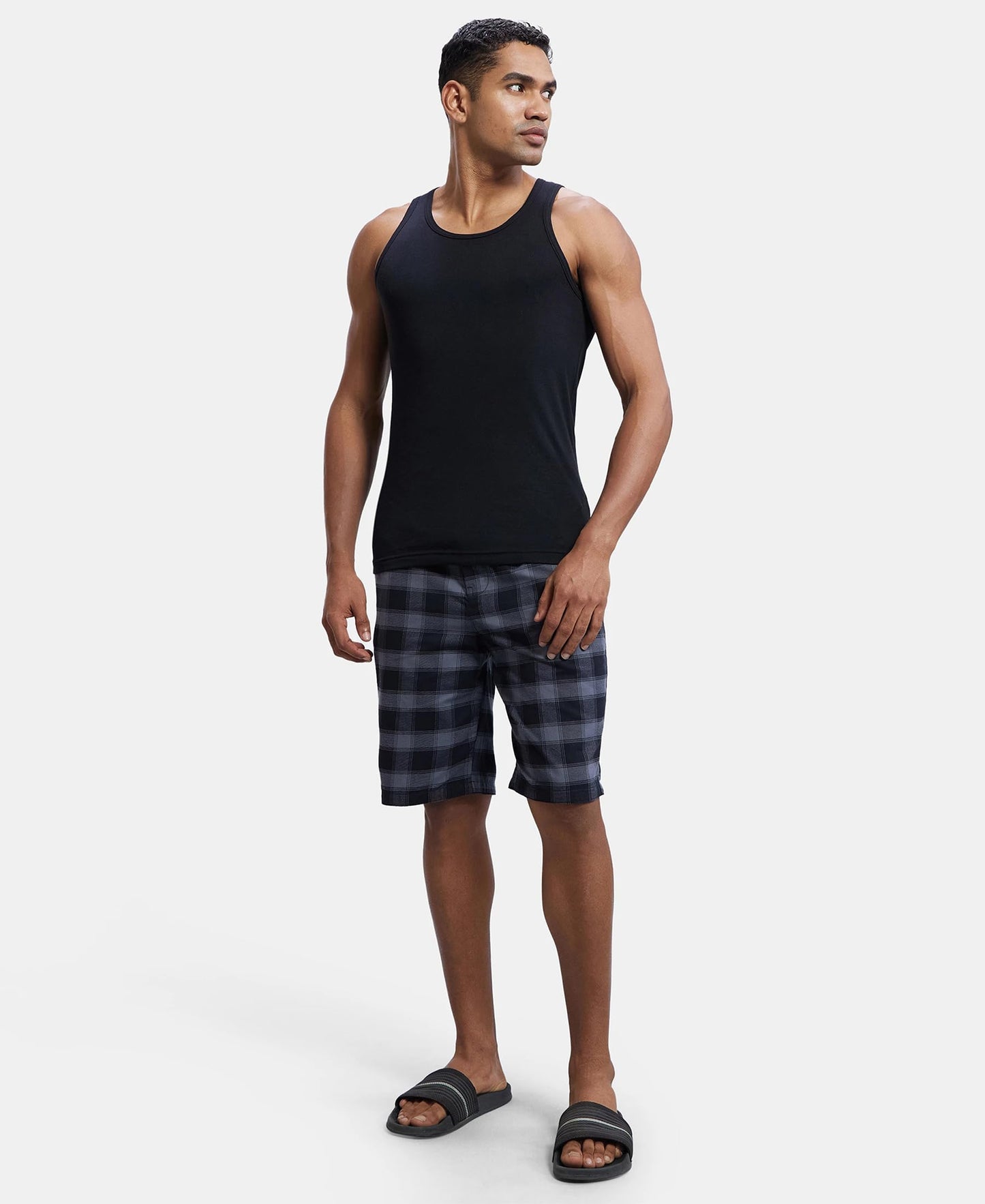 Jockey Men's Regular Fit Shorts (US88-01_Charcoal & Blue_L)