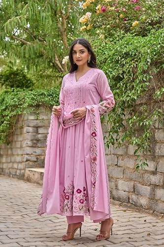 AVYUKTHA | Women Floral Embroidered Tiered Kurta with Palazzos & Dupatta | Thread Work Ethnic Set for Festive, Casual & Party Pink, Size- M
