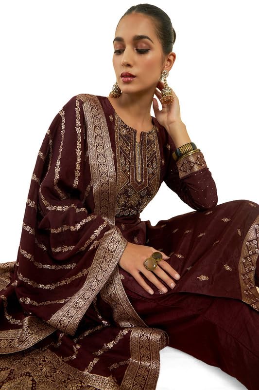 Soch Womens Maroon Silk Suit Set with Zari and Zardosi Embroidery