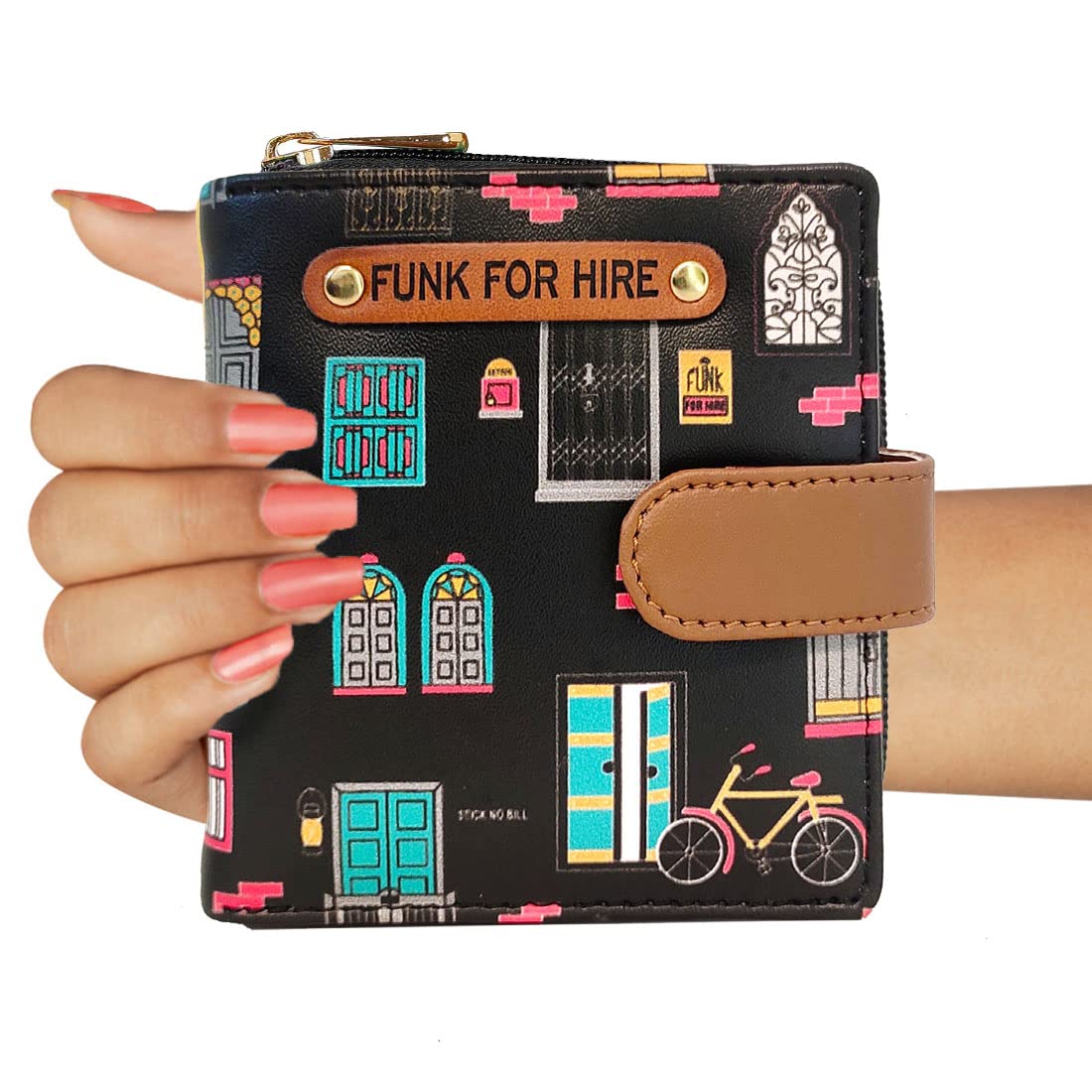 Funk For Hire Women’s Printed Black Vegan Leather Small Wallet with 8 Card Slots, 2 Hidden Pockets, Full-Length Cash Compartment, Zippered Coin Pouch, Compact Bifold Design