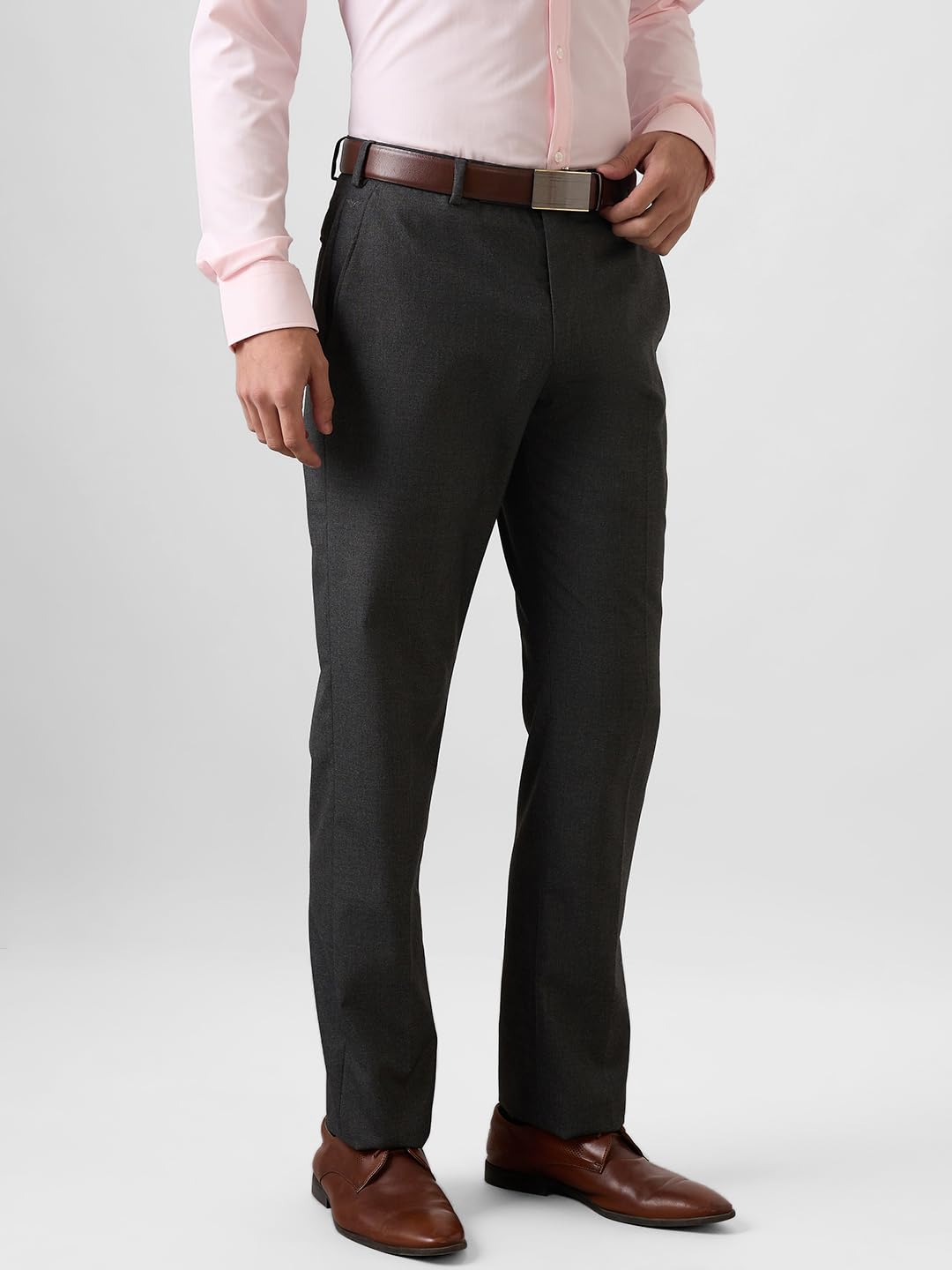 Park Avenue Men Regular Fit Solid Pattern Polyester Blend Flat Front Formal Trouser Dark Grey