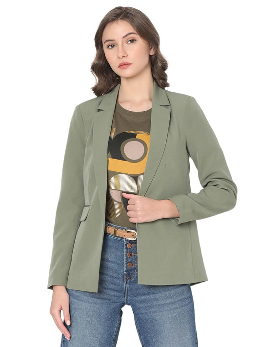 VERO MODA Women Solid Green Polyester Regular Fit Single Breasted Blazer