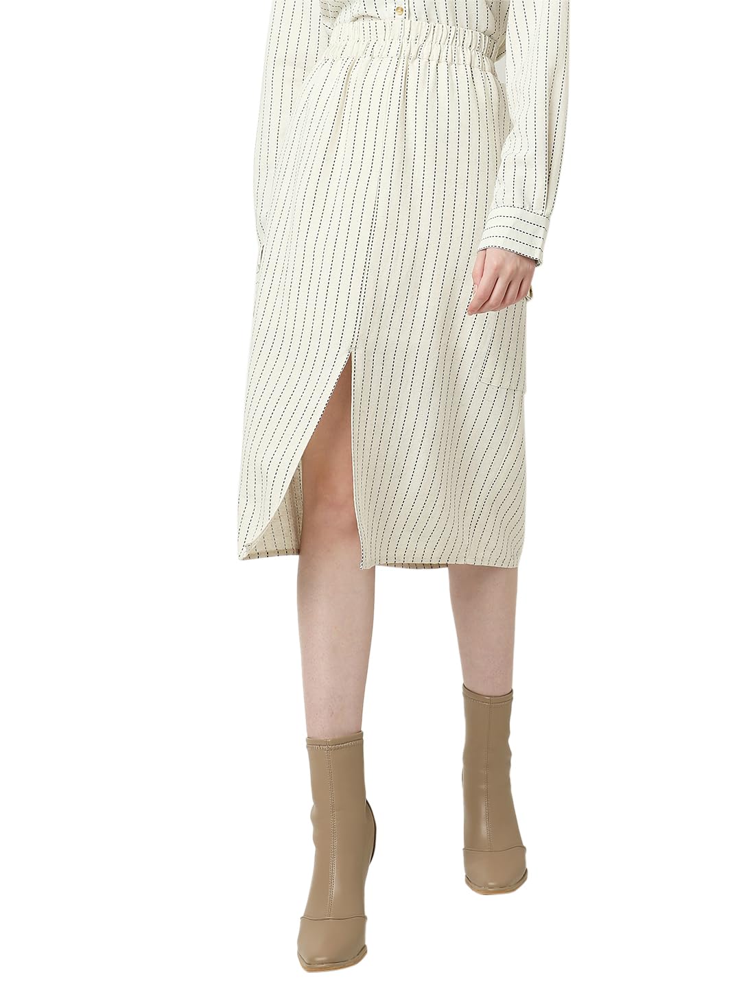 VERO MODA Women Striped Beige Cotton Straight Fit Midi Length High Rise Skirt
