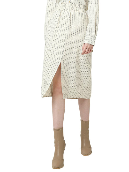 VERO MODA Women Striped Beige Cotton Straight Fit Midi Length High Rise Skirt