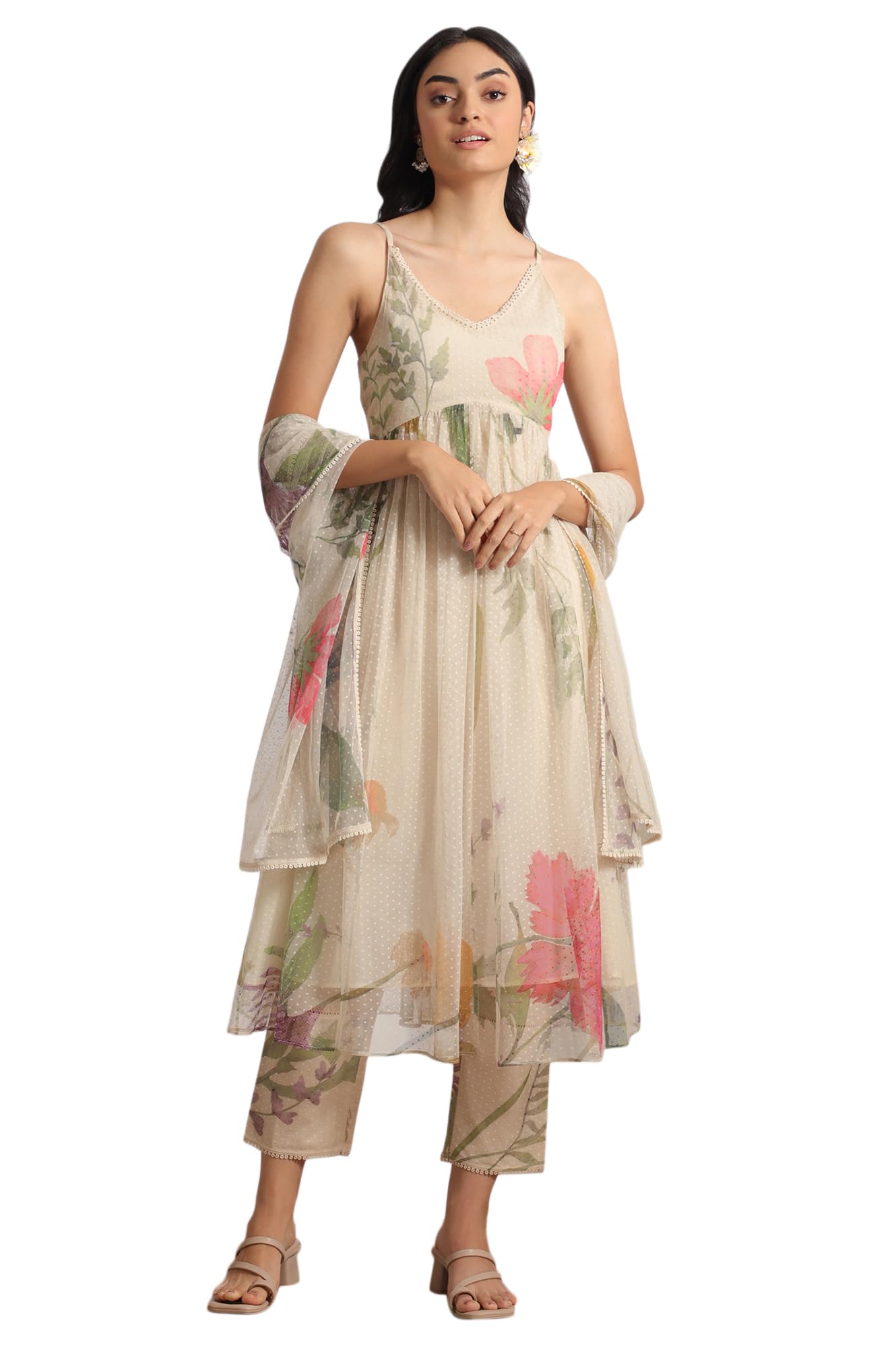 W for Woman Light Beige Floral Printed Swiss Dot Net Spaghetti Flared Kurta, Pants and Dupatta Set (Size: XL)-WS12397-125754