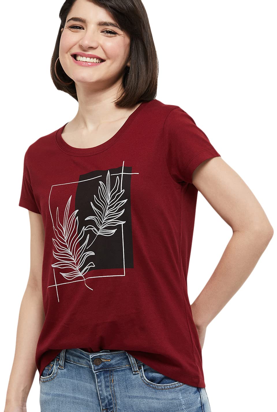 Max Women Cotton Printed Regular Fit Round Neck T-Shirt (Aw22Ccp04Maroon)_XXL