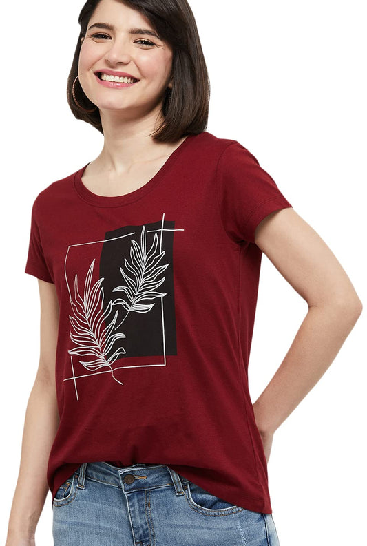 Max Women Cotton Printed Regular Fit Round Neck T-Shirt (Aw22Ccp04Maroon)_XXL