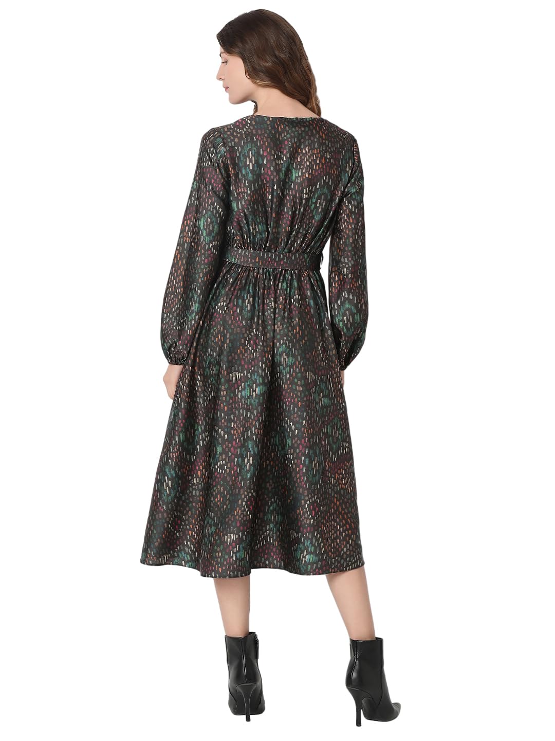 VERO MODA Women's Polyester Fit and Flare Midi Dress (9010805- Black