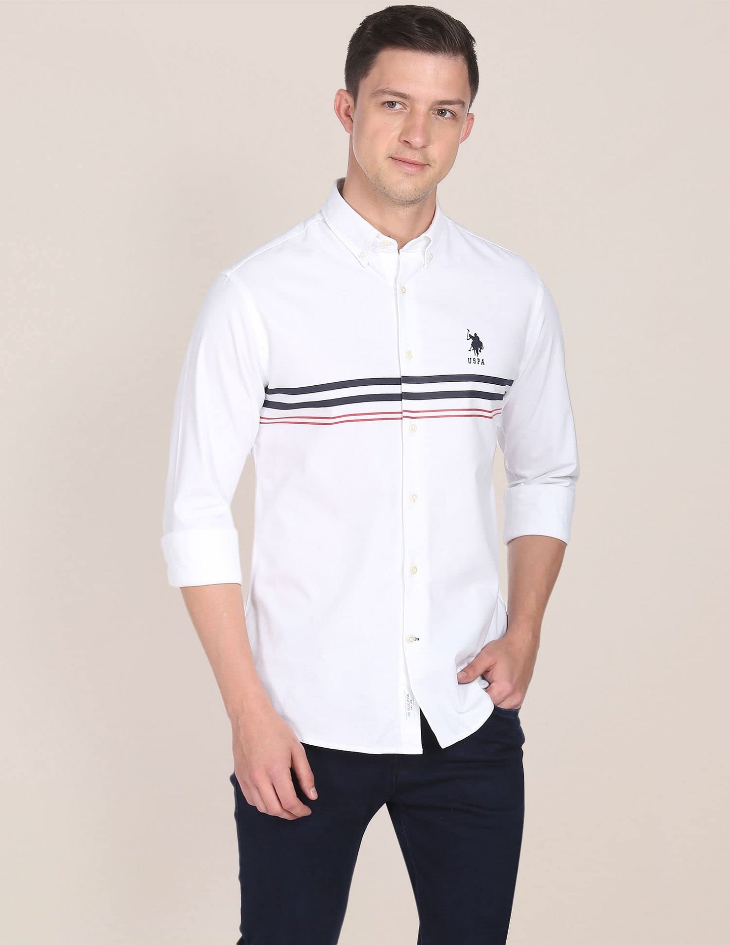 U.S. POLO ASSN. Mens Printed Engg Stripe FS Shirts (USSHTFX0027_White_M)