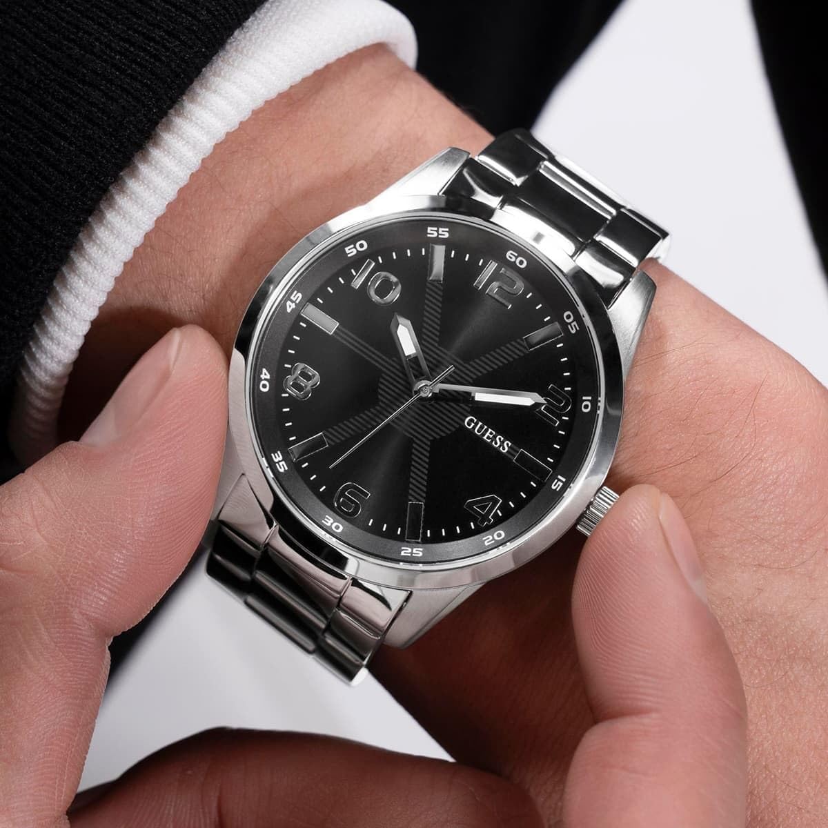 GUESS Stainless Steel Analog Black Dial Men's Watch-Gw0804G2, Band Color:Silver