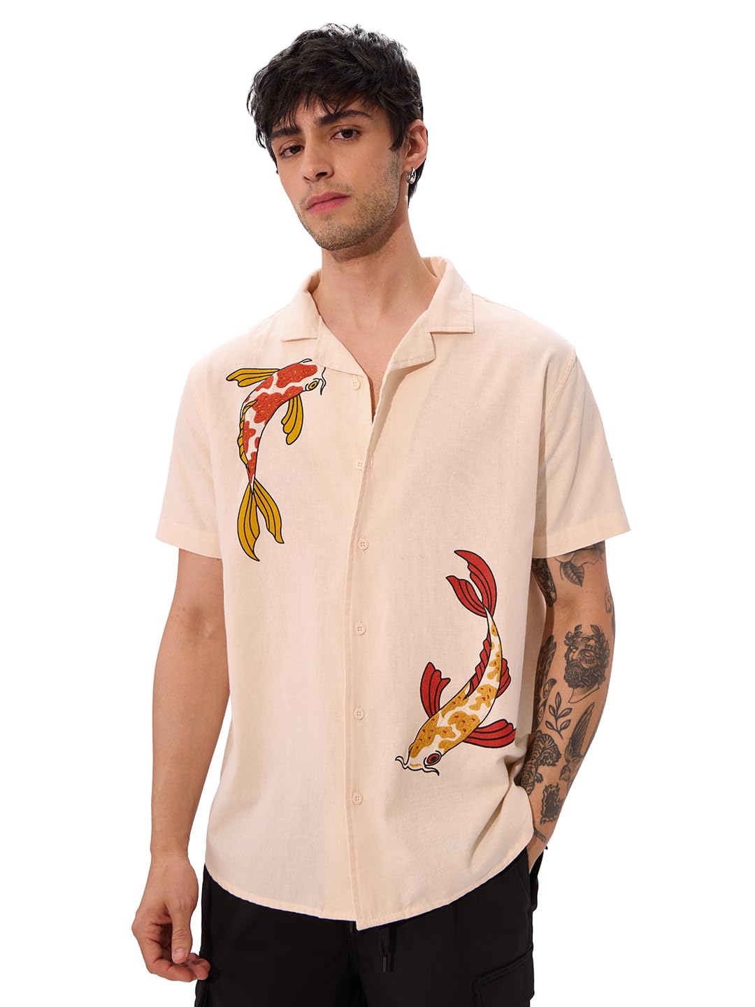 The Souled Store So Koi Men and Boys Collared Neck Button Front Orange Embroidered Regular Fit Cotton Half Sleeve Shirts