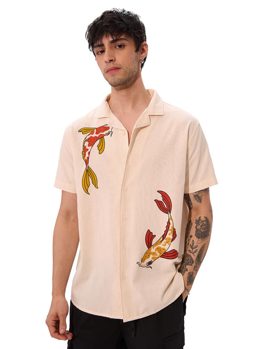 The Souled Store So Koi Men and Boys Collared Neck Button Front Orange Embroidered Regular Fit Cotton Half Sleeve Shirts