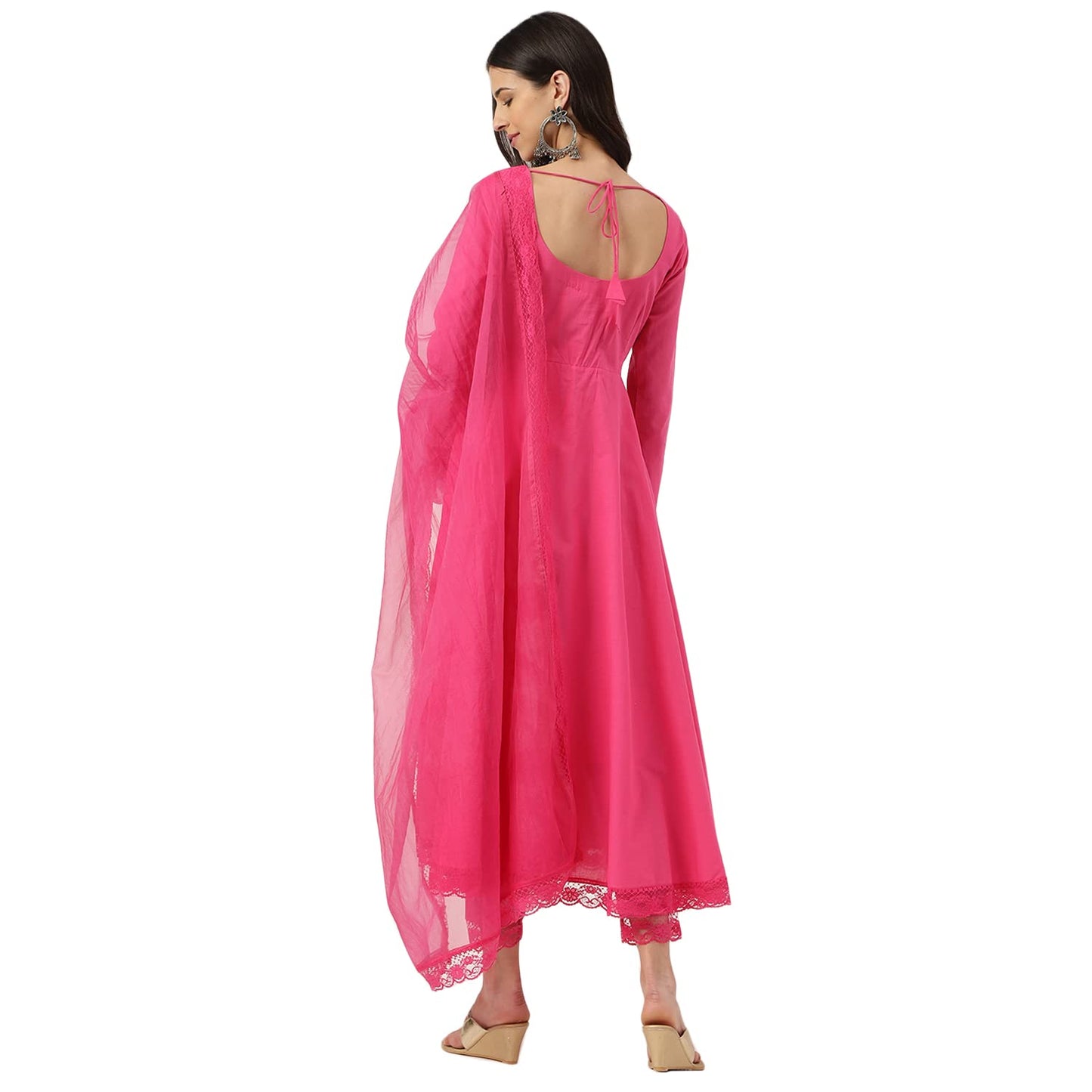 Divena Pink Solid Anarkali Kurta Pant set with Dupatta