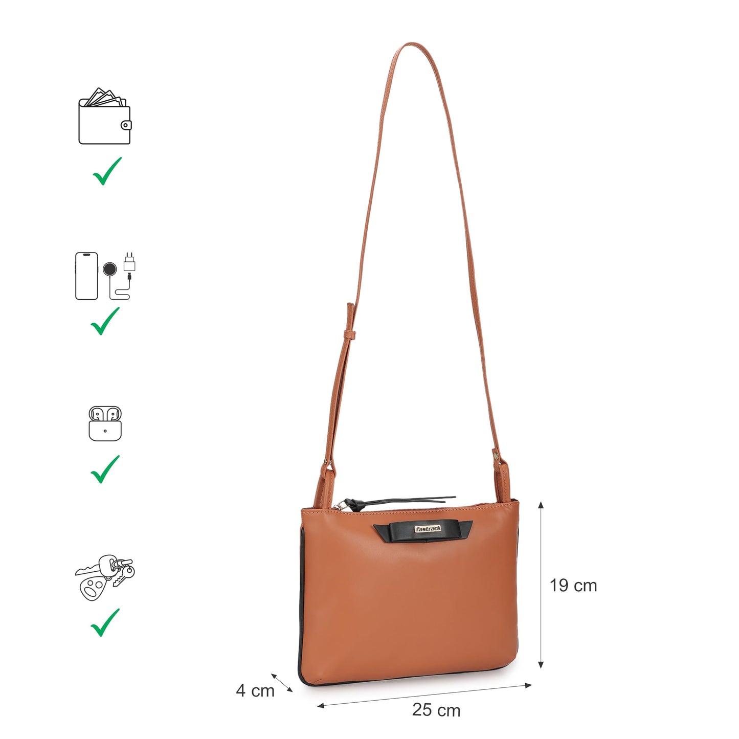 Fastrack Solid PU Structured Sling Bag for Women with Bow Detail | Metal Zipper | Slings for Casual Carry | Ladies Purse Handbag | Trendy Slings for Women