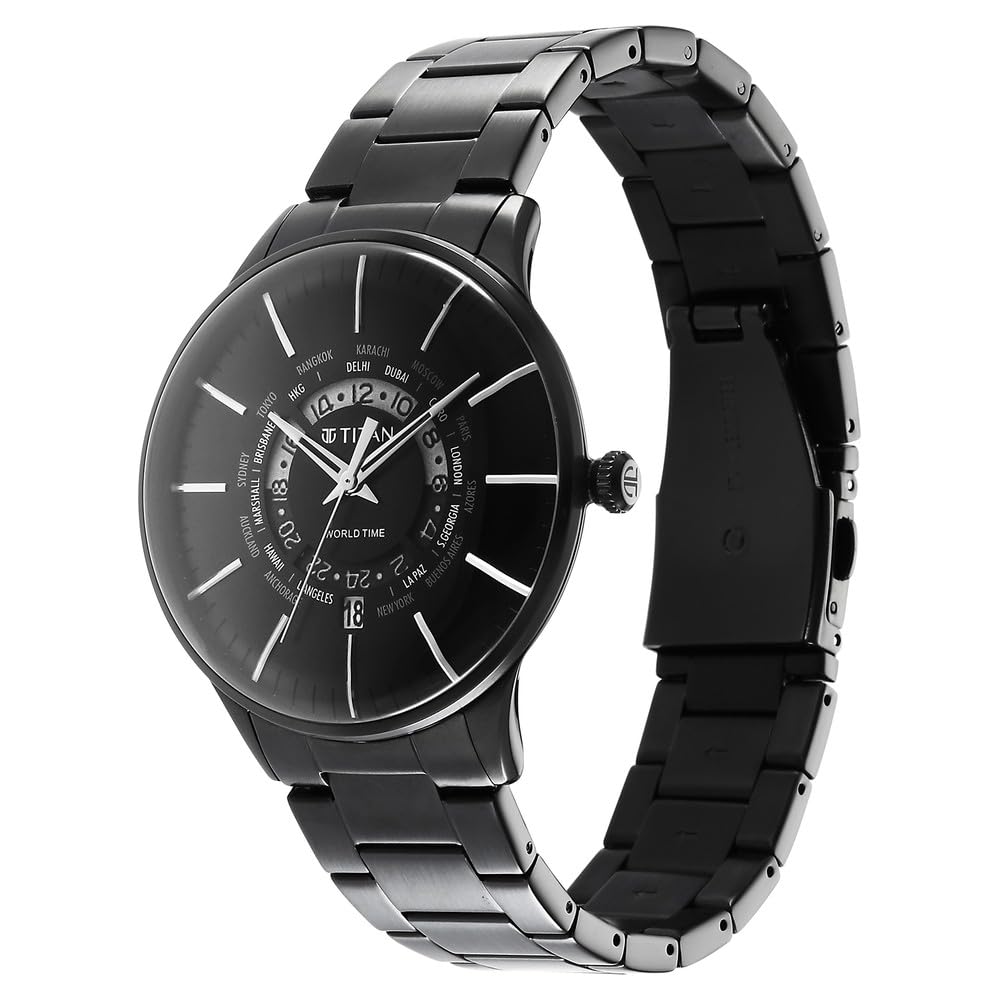 Titan Quartz World Time with Date Black Dial Black Stainless Steel Strap Watch for Men - NT90145NM01