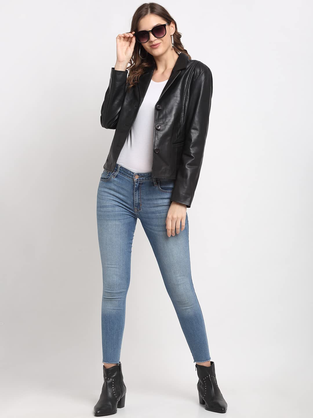 Teakwood Genuine Leather Soild Stylish Casual Blazer Jacket for Women (L- Black)