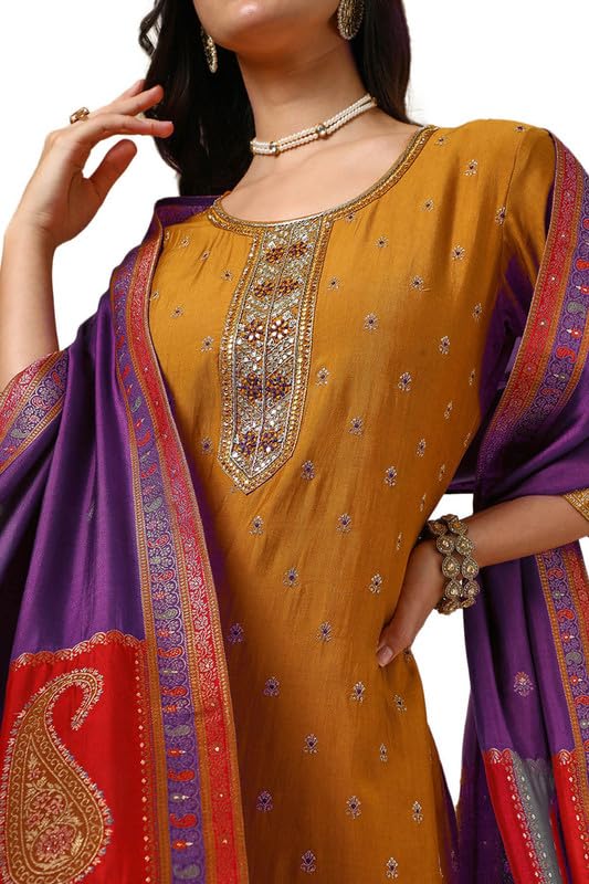 Soch Womens Mustard Silk Blend Embroidered Suit Set With Zardosi