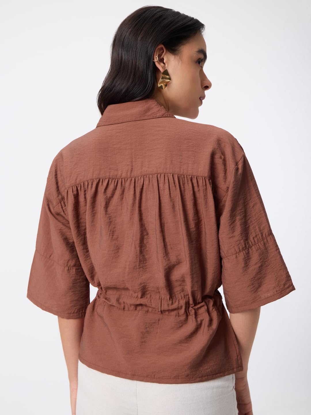 The Souled Store Cocoa Dust: Women and Girls Half Sleeves Spread Collar Brown Solid Viscose Nylon Regular Fit Comfortable All-Season Casual Wear Shirt