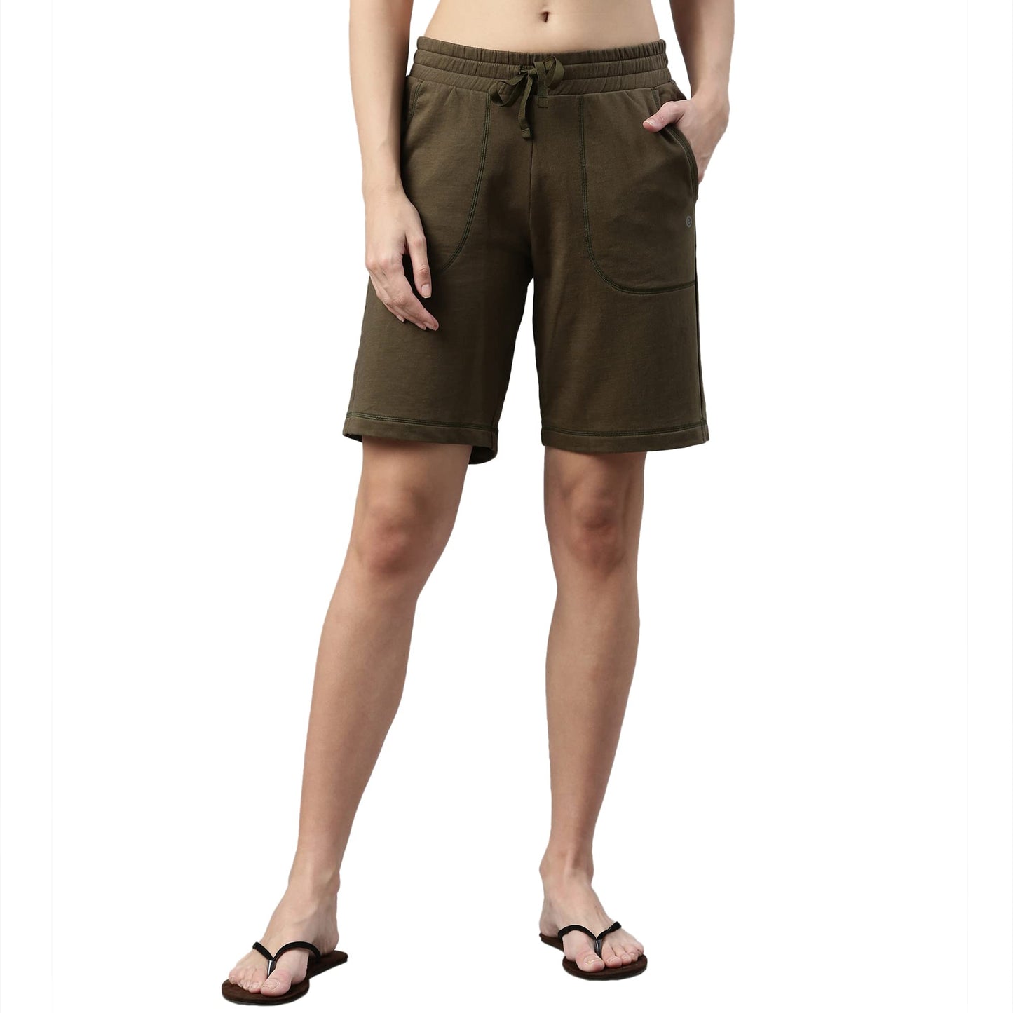 Enamor Essentials Women's Mid Rise Relaxed Fit 100% Cotton Knee Length Shorts Bermuda with Elasticated Waistband and Pockets - E080(E080-Army Green -L)