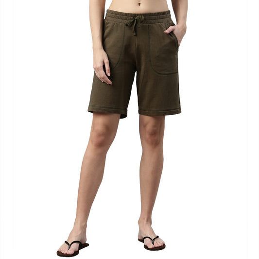 Enamor Essentials Women's Mid Rise Relaxed Fit 100% Cotton Knee Length Shorts Bermuda with Elasticated Waistband and Pockets - E080(E080-Army Green -L)
