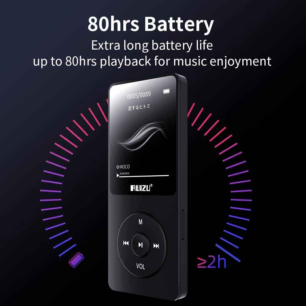 RUIZU X02 8 GB Ultra Slim Mp3 Music Player with FM Radio, Voice Recorder, Video Play, Text Reading, 80 Hours Playback and Expandable Up to 128 GB (Black)