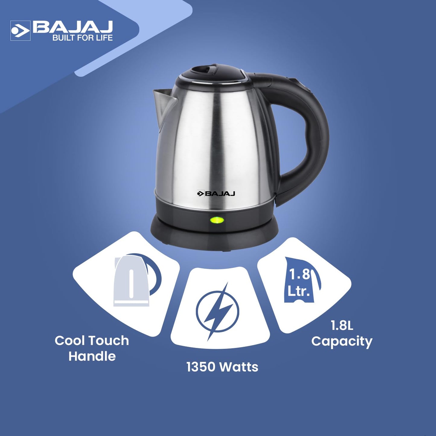 Bajaj KTX 1.8 Litre DLX Electric Kettle | 1350 Watts Kettle with Stainless Steel Body | Cordless Operation | Auto Shut-off Mechanism | 2-Yr Warranty 【Black】