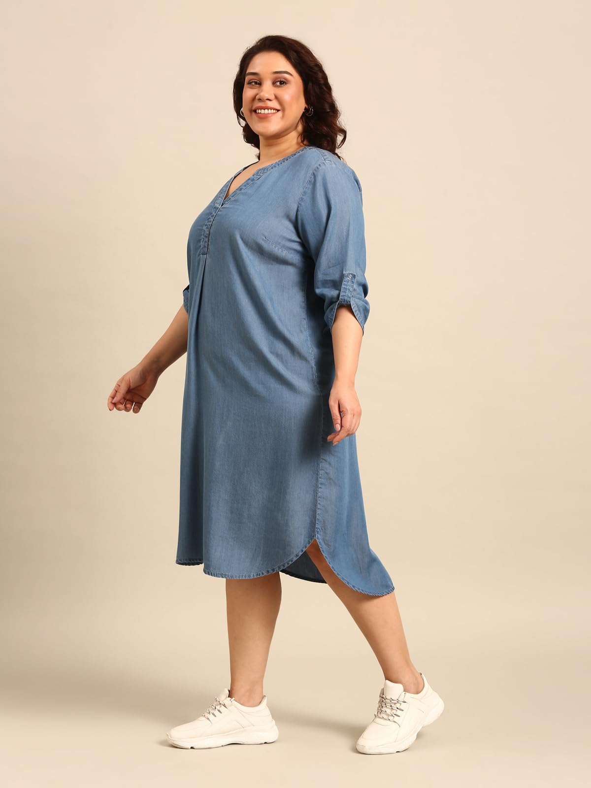The Pink Moon Women's Midi A-Line Plus Size Denim Dress - (DRS_NIM18_Tencel_Blue_3XL)