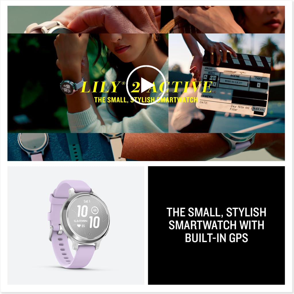 Garmin Lily® 2 Active, Small and Stylish Smartwatch, Built-in GPS, Hidden Display, Patterned Lens, Up to 9 Days Battery Life, Silver with Purple Jasmine Silicone Band