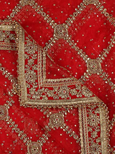 DUPATTA BAZAAR Women's heavily Embroidered Red Bridal Net Dupatta with kundan work