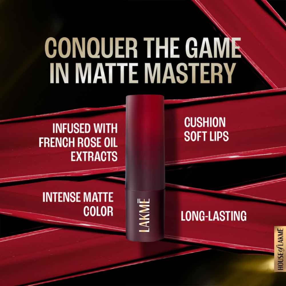 Lakme Forever Matte Lipstick, Waterproof, Non Drying, Creamy Matte Bullet Lipstick Made With French Rose Oil Extracts, Red Crimson, 4.5g