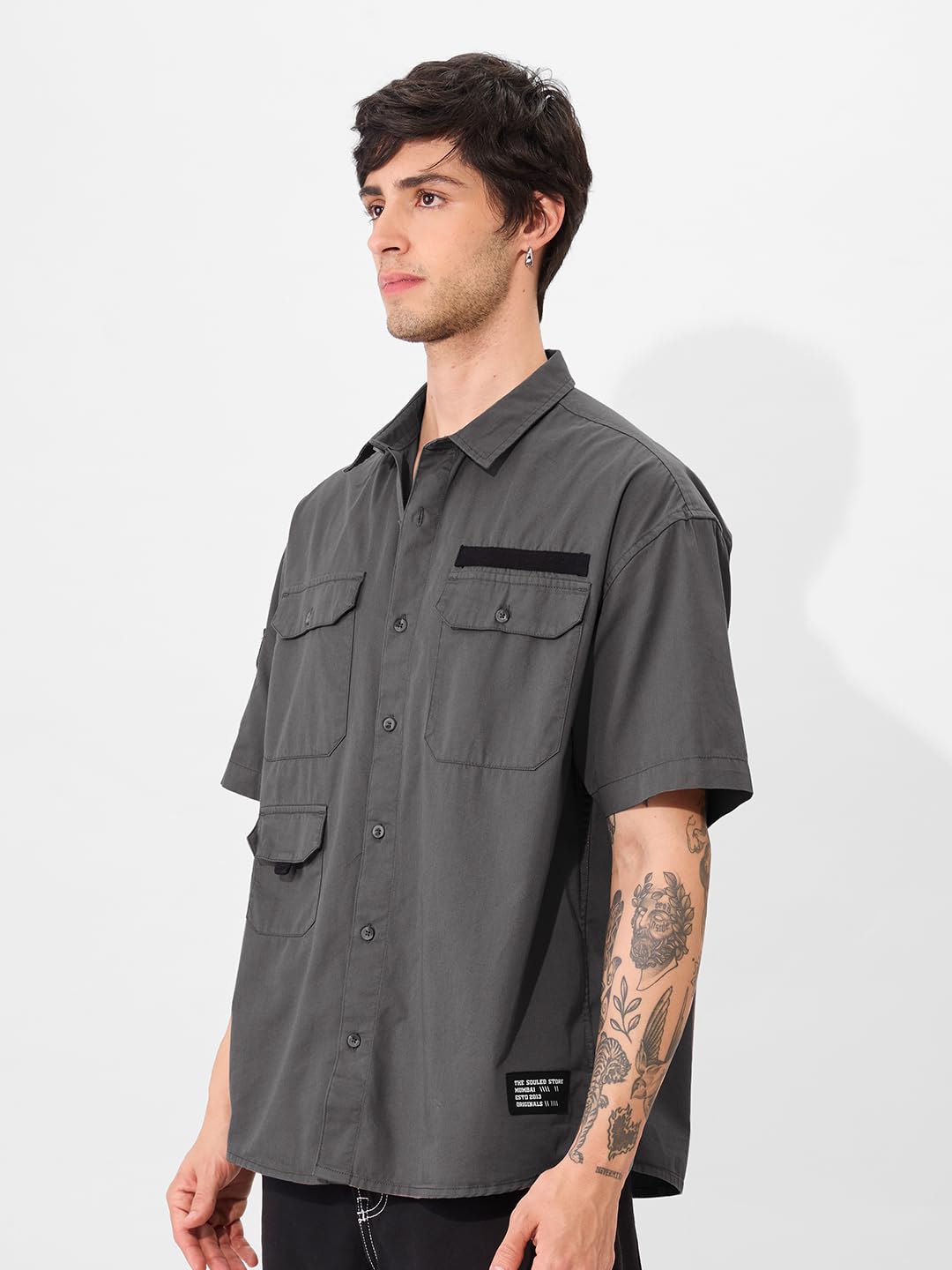 The Souled Store Solids: Moon Grey Men and Boys Button Front Short Sleeve All Over Print Oversized Fit Shirts White - Soft Comfortable Cotton Baggy Drop Shoulder