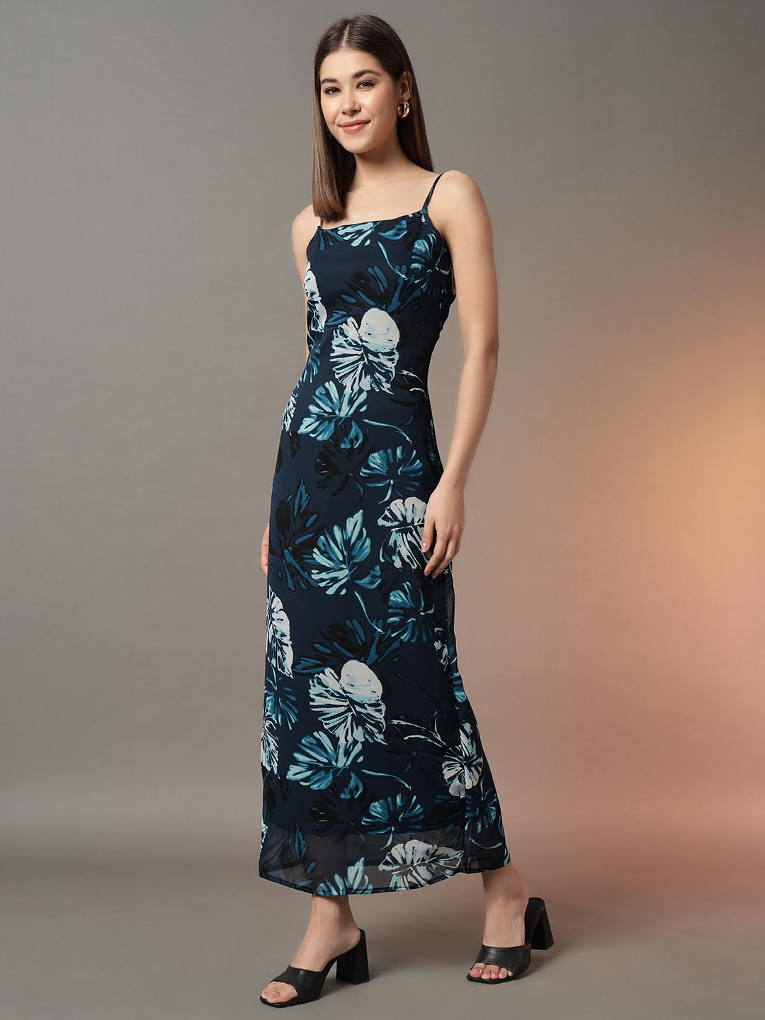 Trend Arrest.ed Women's Polyester Sheath Maxi Dress (D5394_Blue